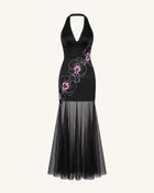 Orchid Embroidered Sheer Hem Halter Maxi Dress-  Black Purple