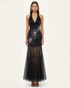 Orchid Embroidered Sheer Hem Halter Maxi Dress-  Black Purple