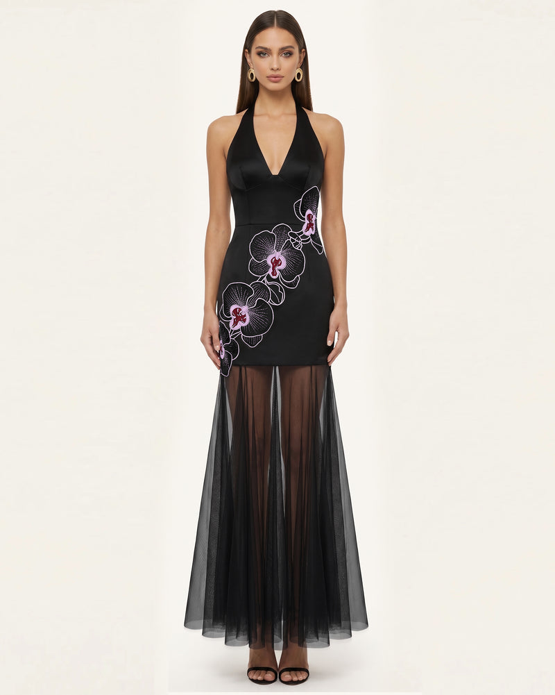 Orchid Embroidered Sheer Hem Halter Maxi Dress-  Black Purple