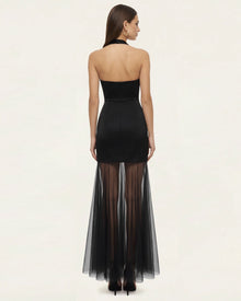 Orchid Embroidered Sheer Hem Halter Maxi Dress-  Black Purple