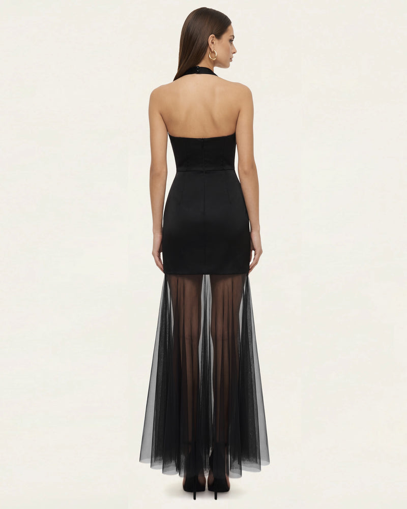 Orchid Embroidered Sheer Hem Halter Maxi Dress-  Black Purple