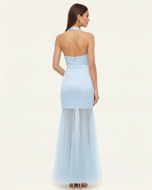 Orchid Embroidered Sheer Hem Halter Maxi Dress - Light Blue