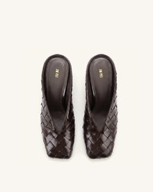 Ellie Woven Square-Toe Mule Heels - Dark Brown