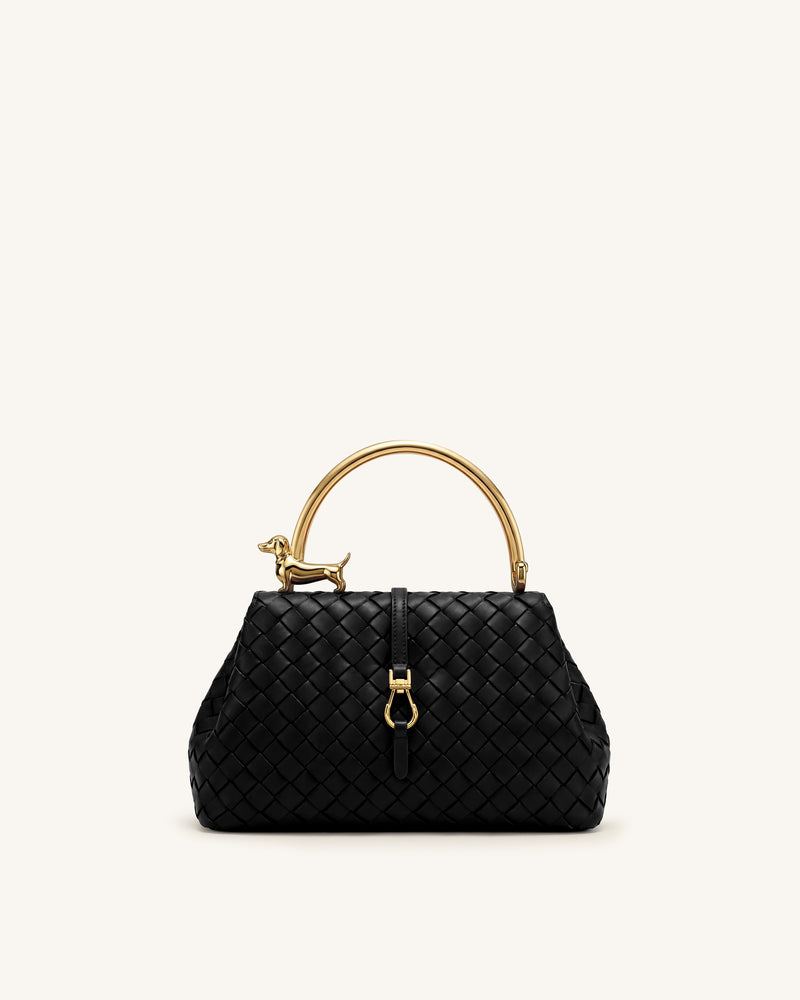 Bruna Woven Dachshund Metal Handle Top Handle Bag -  Black
