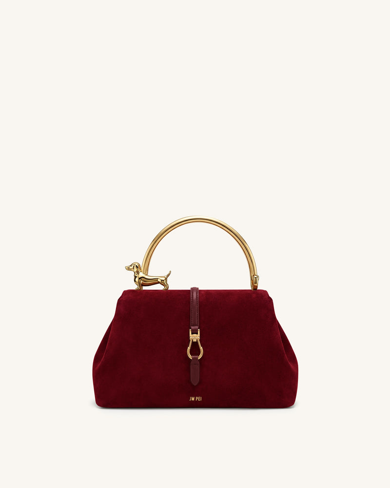 Bruna Faux Suede Dachshund Metal Top Handle Bag - Scarlet Red