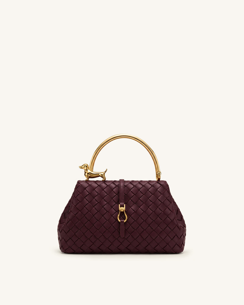 Bruna Woven Dachshund Metal Handle Top Handle Bag - Crimson