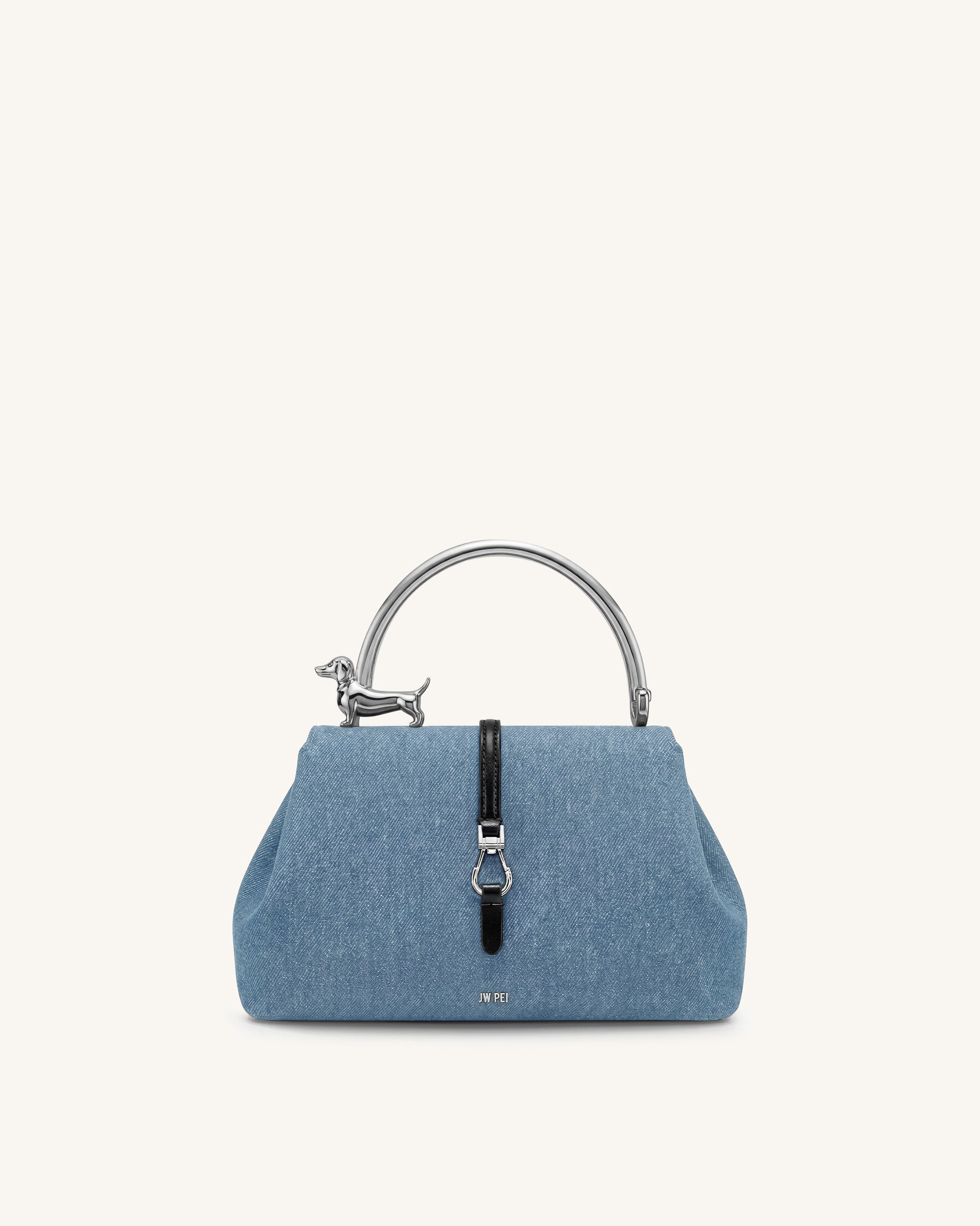 Bruna Dachshund Metal Handle Top Handle Bag - Light Blue Denim