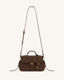 Marina Faux Suede Flap Multi-Pocket Top Handle Crossbody Bag - Dark Brown
