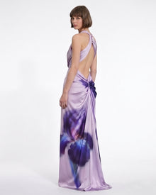 Floral Print Halter Draped Maxi Dress - Lavender