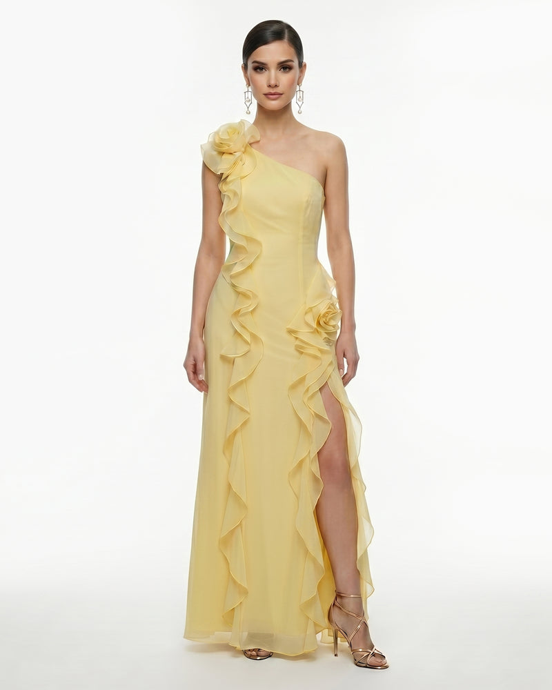 One-Shoulder Ruffle Rosette Slit Maxi Dress - Yellow