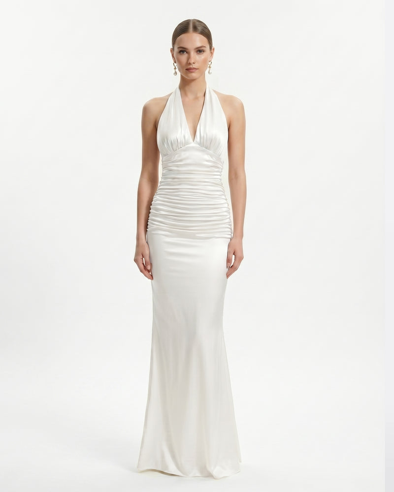 Satin Halter Ruched Maxi Gown - White