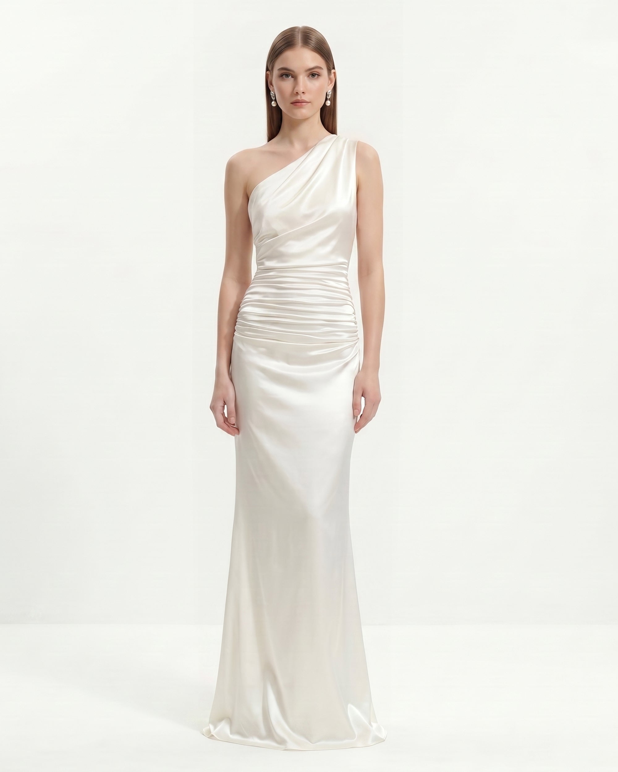 Satin 
One-Shoulder
 Ruched Maxi Gown - White