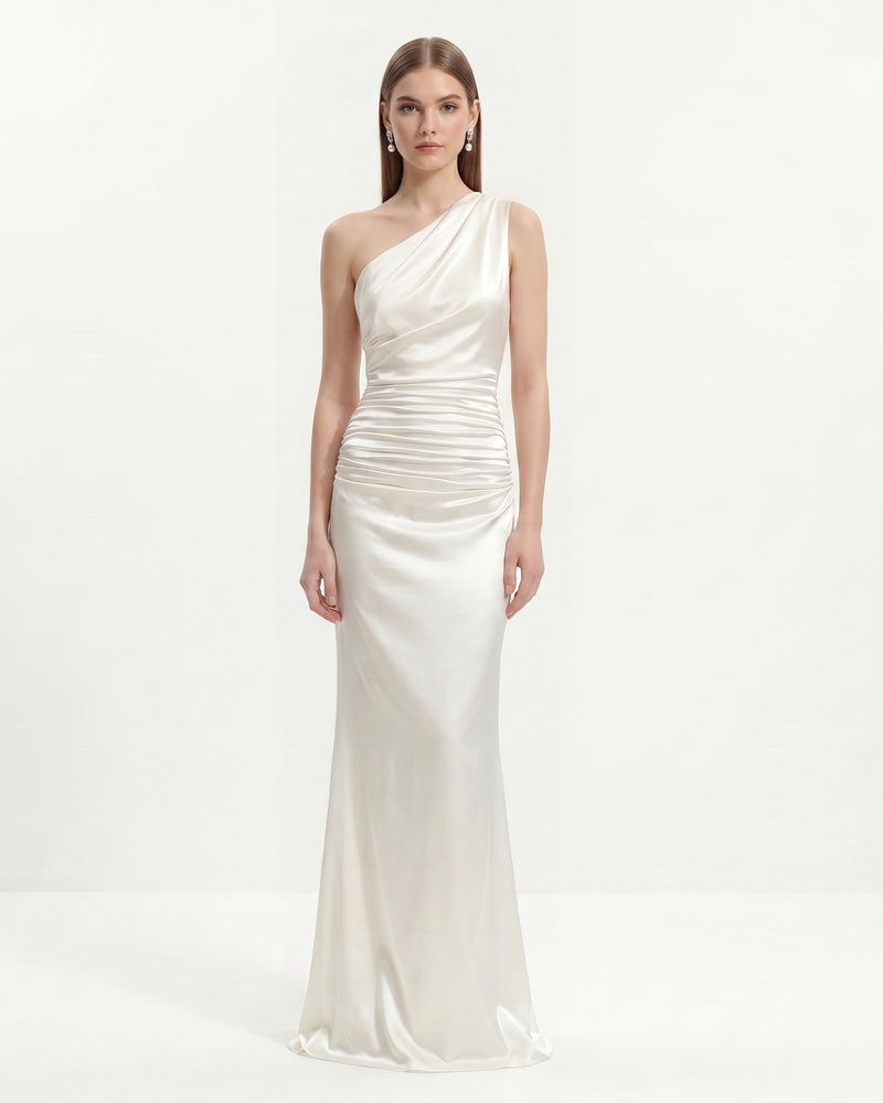 Satin 
One-Shoulder
 Ruched Maxi Gown - White