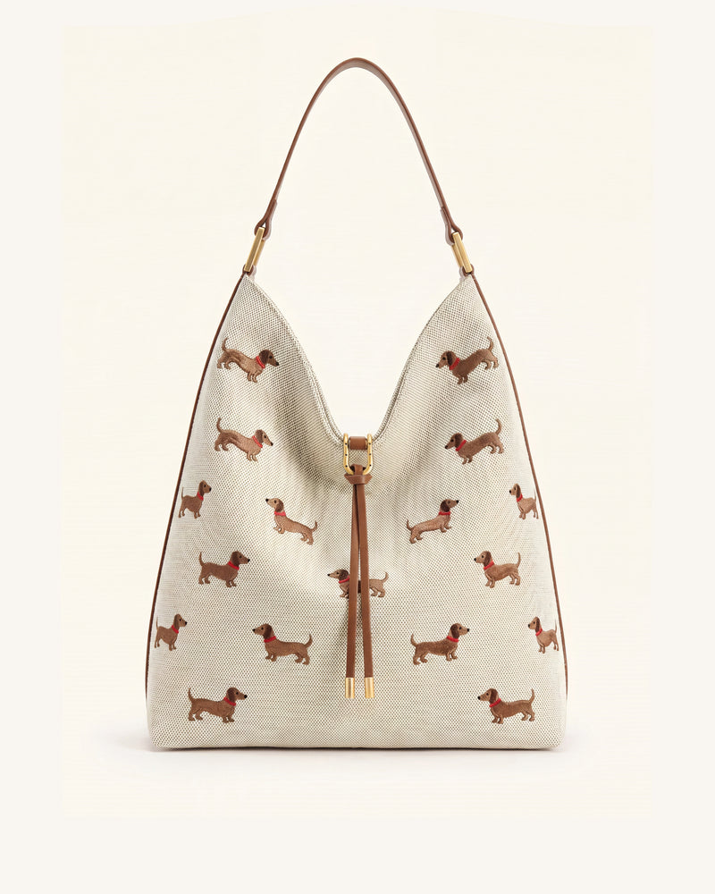 Aria Dog Embroidered Shoulder Bag - Caramel Brown