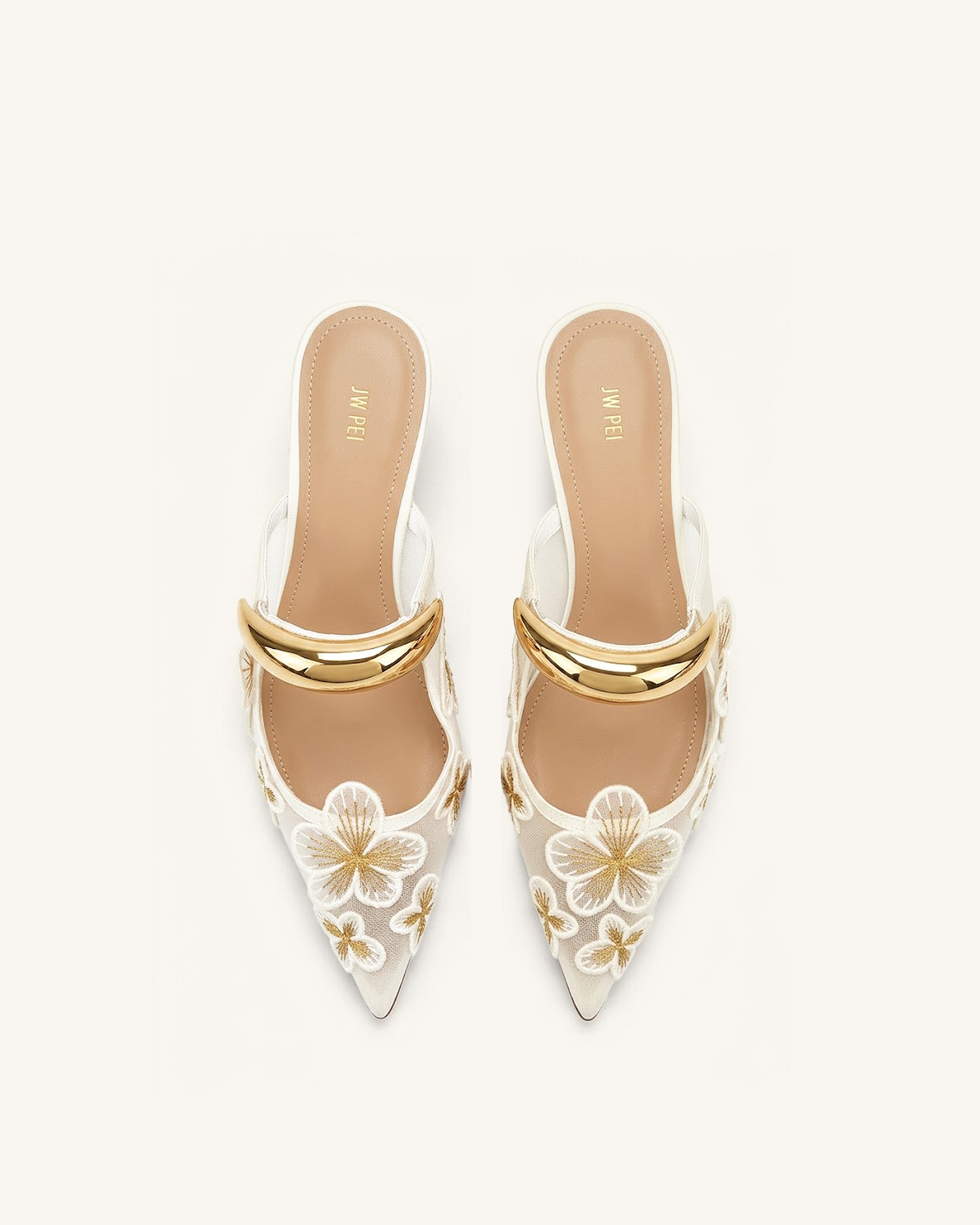 Helena Pierced Floral Mesh Mules - Ivory | JW PEI