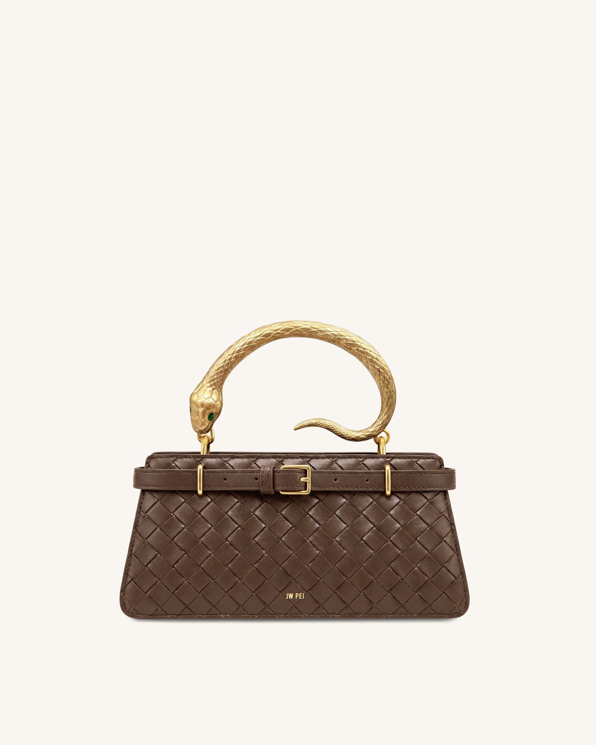 Elena Snake Handle Woven Texture Top Handle Bag - Brown