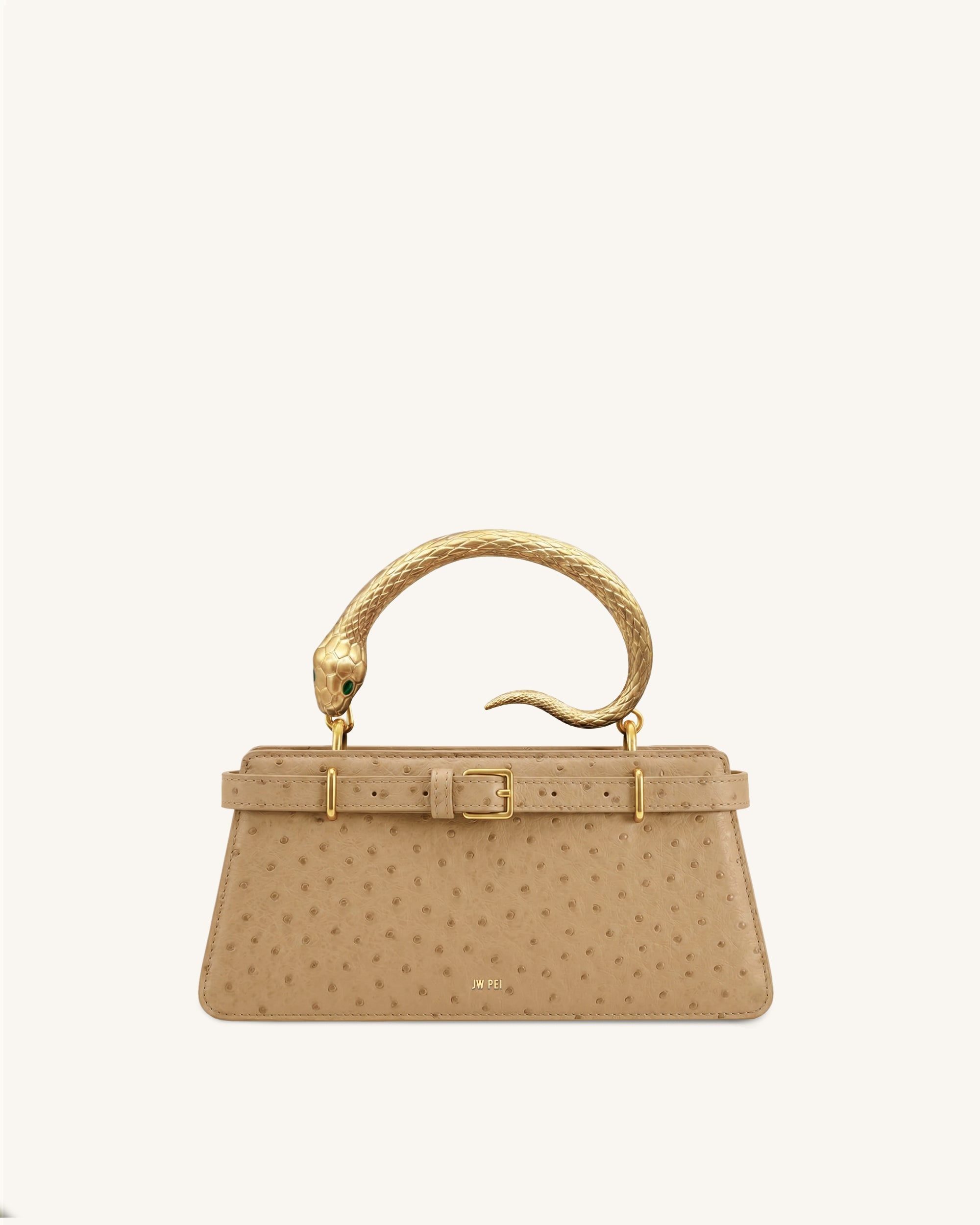 Elena Snake Handle Faux Ostrich Top Handle Bag - Camel | JW PEI