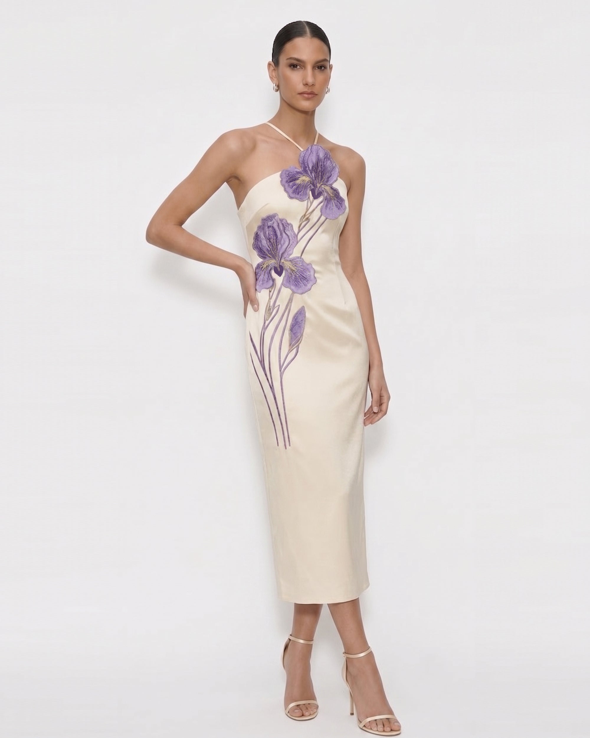 Iris Satin Embroidered Halter Midi Dress - Light Beige