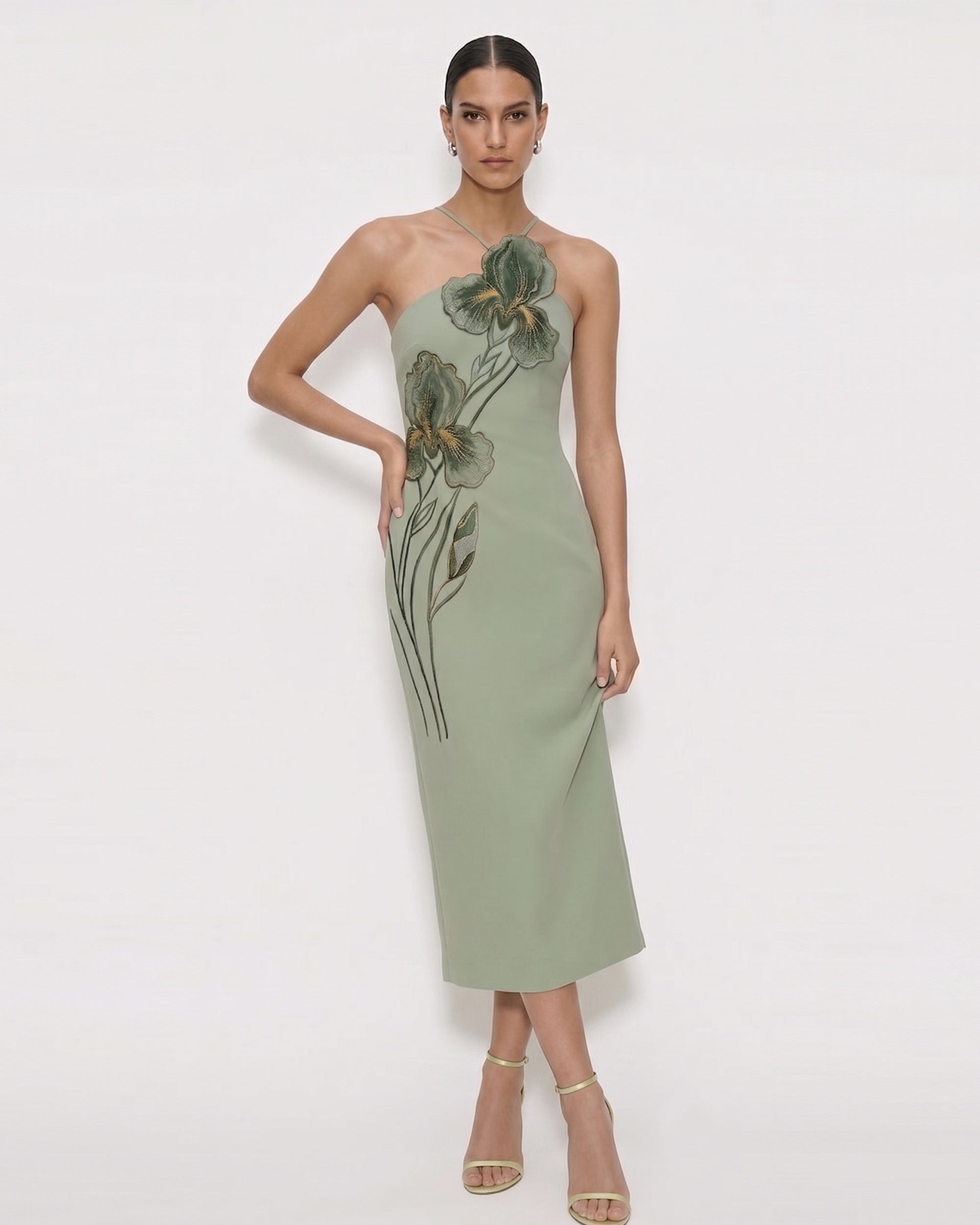 Iris Embroidered Halter Midi Dress - Light Green