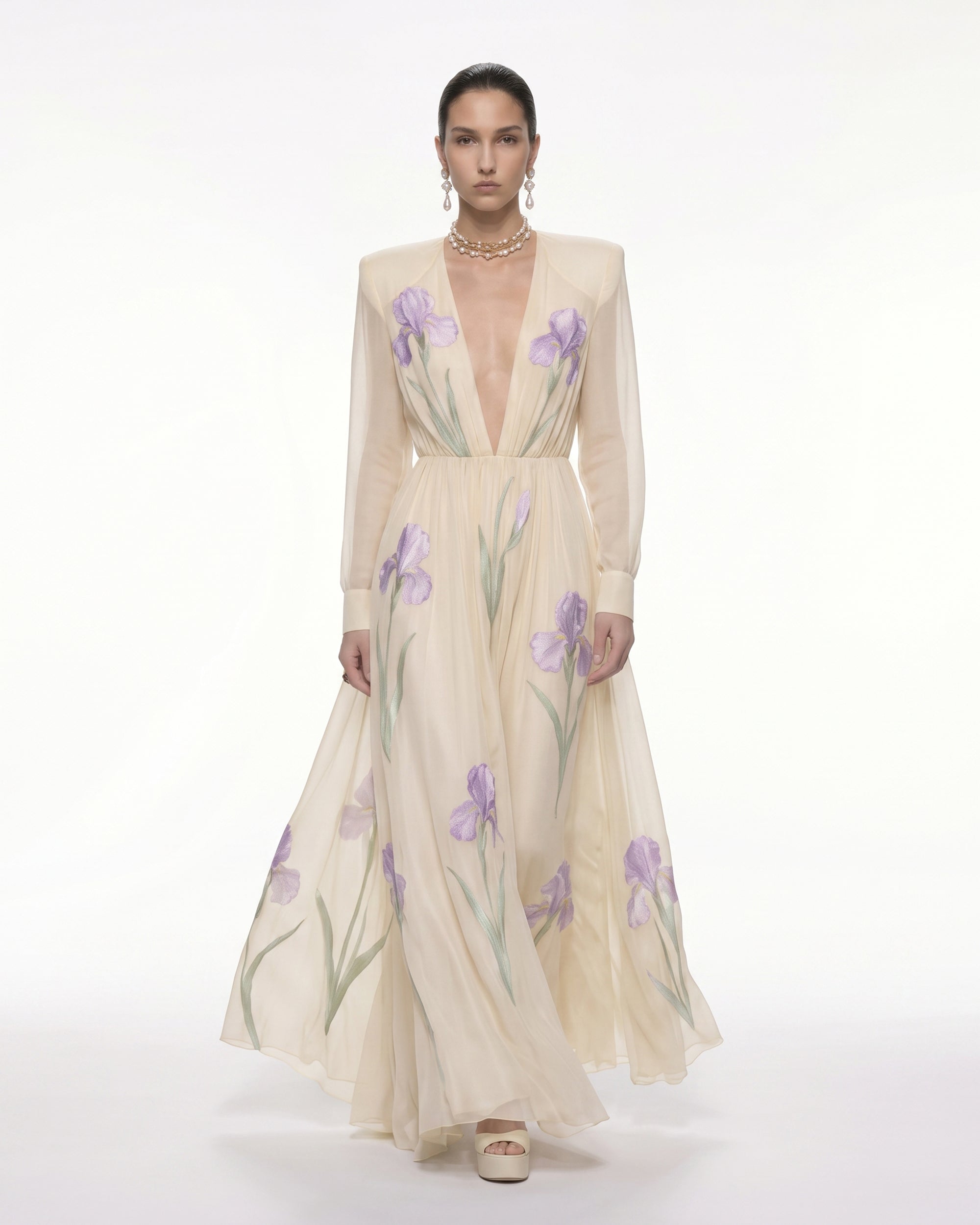 Iris Floral Print Long-Sleeve Sheer Gown - Cream