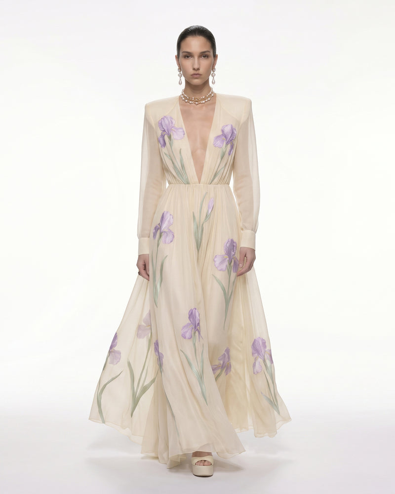 Iris Floral Print Long-Sleeve Sheer Gown - Cream