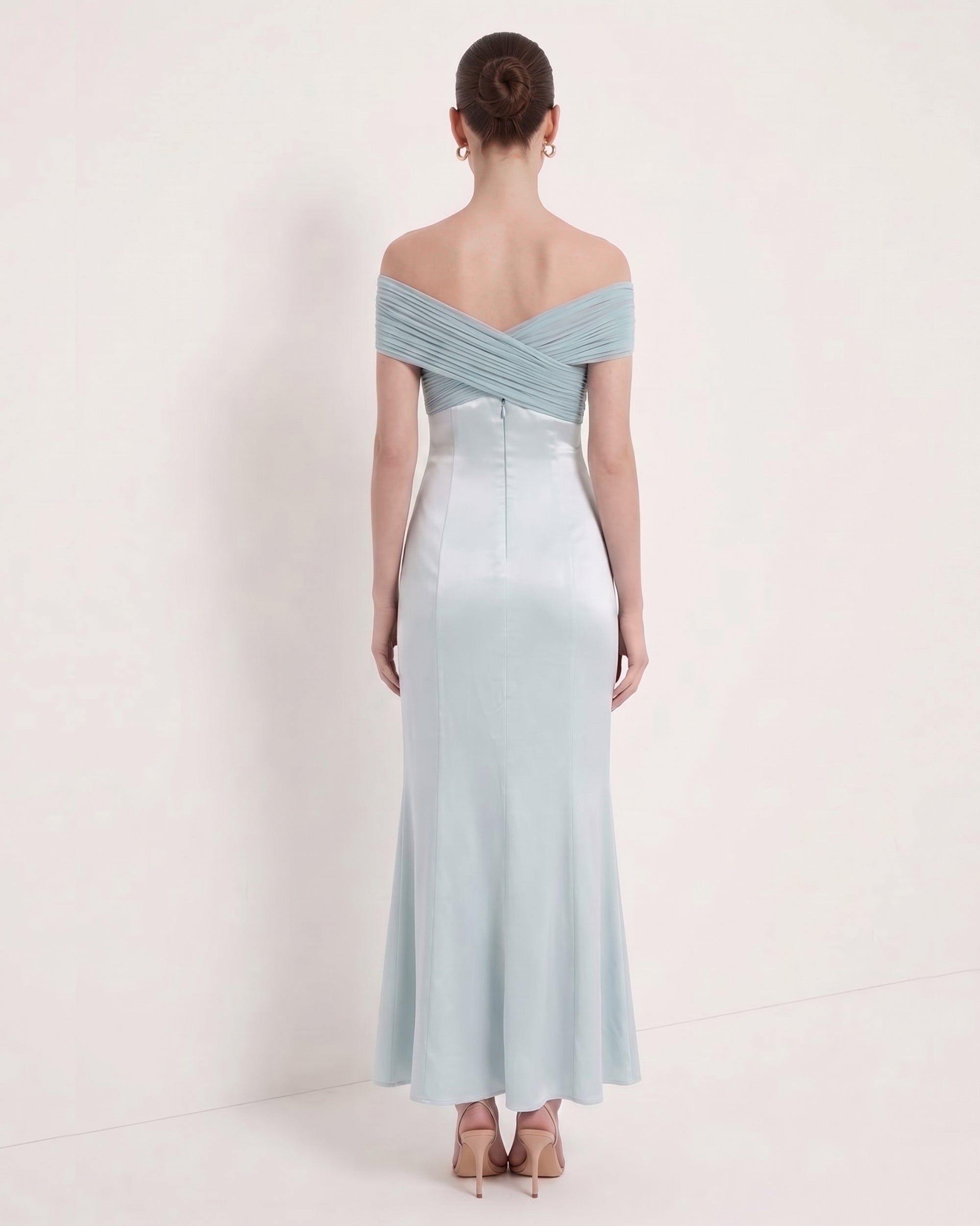Pleated Cross-Halter Satin Maxi Dress