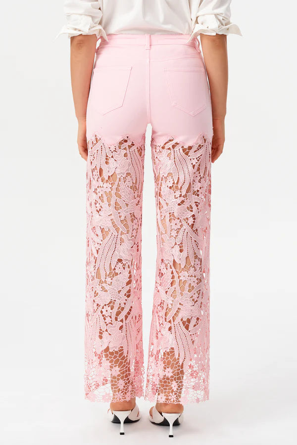 High-Rise Rhinestone Lace Wide-Leg Jeans - Pink
