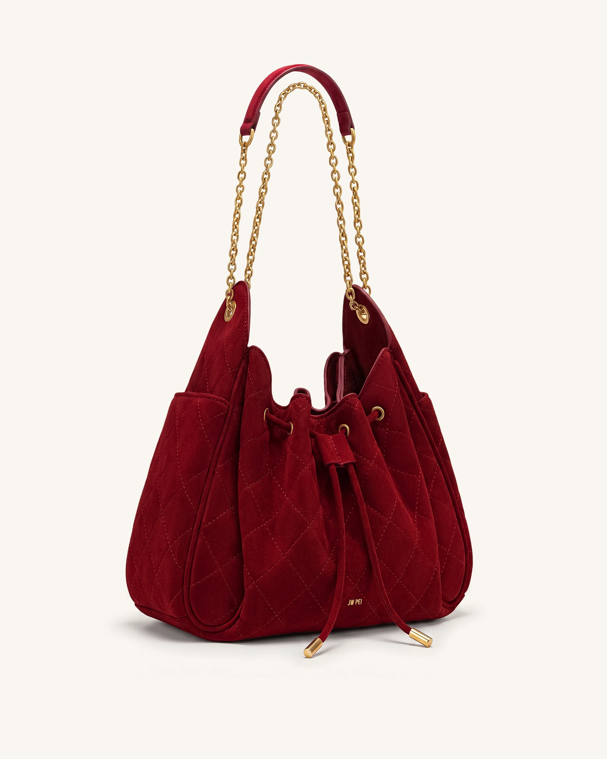 Rowan Faux Suede Quilted Chain Bucket Bag - Dark Red | JW PEI