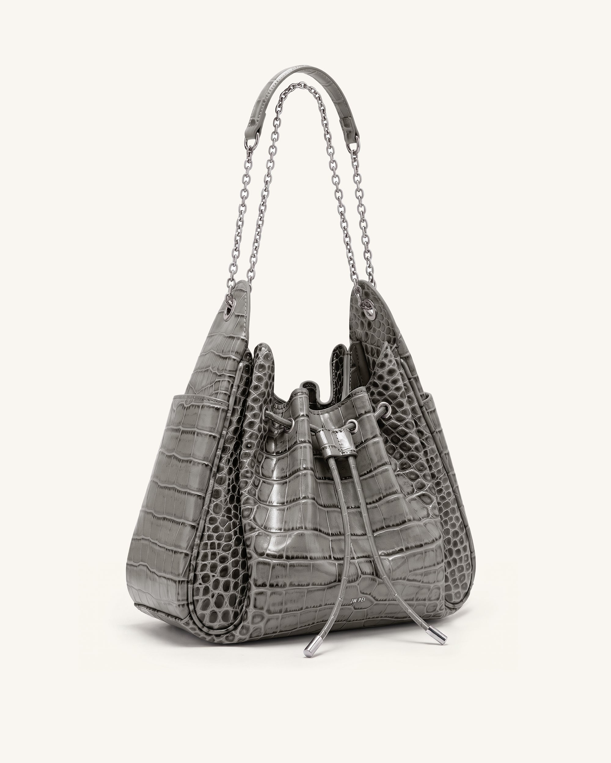 Rowan Ruched Drawstring Chain Bucket Bag - Grey Croc