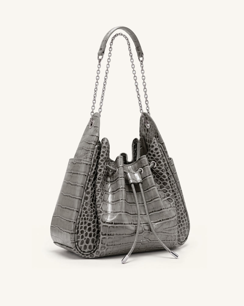 Rowan Ruched Drawstring Chain Bucket Bag - Grey Croc