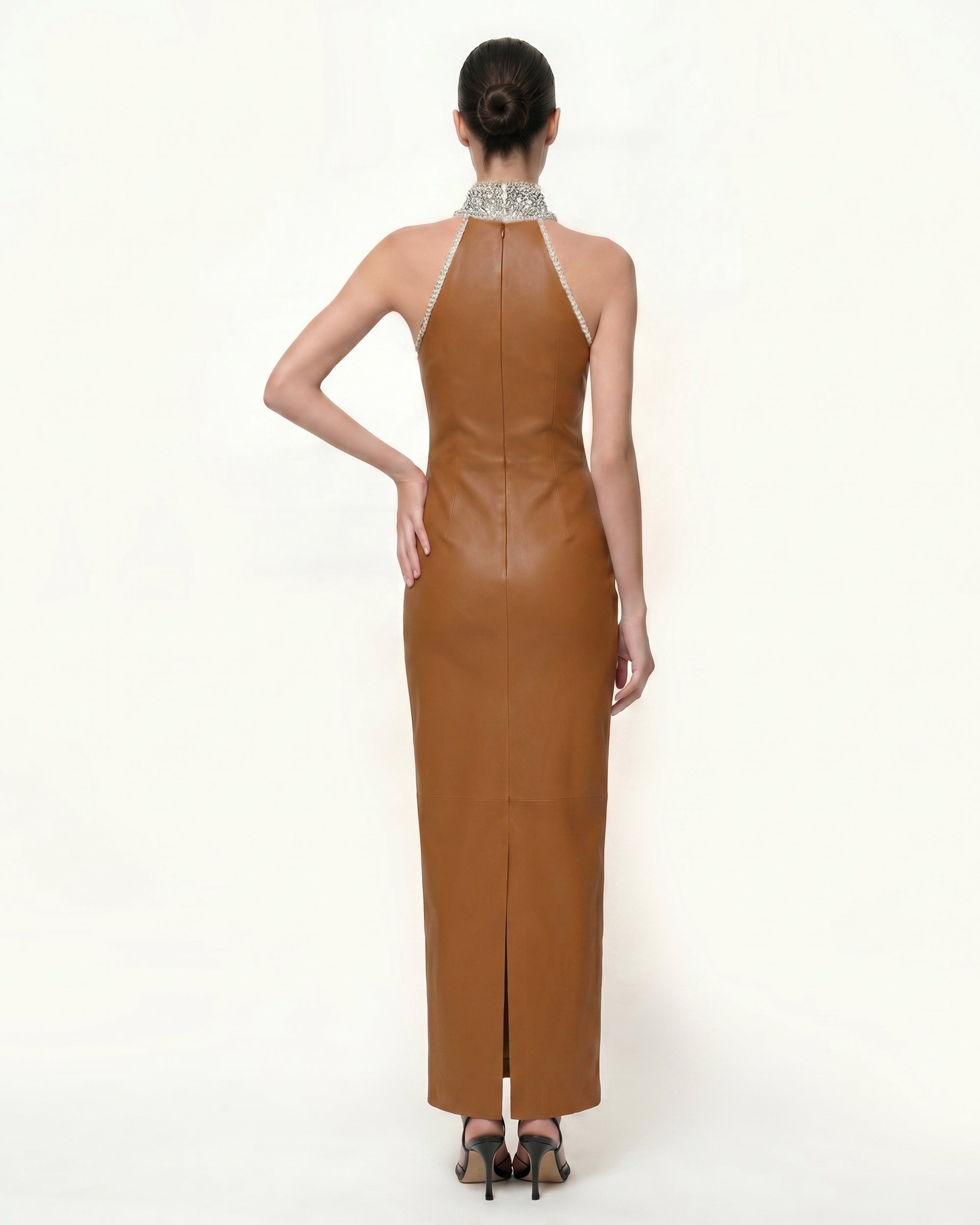 Jeweled High Neck Halter Maxi Dress - Caramel Brown | JW PEI