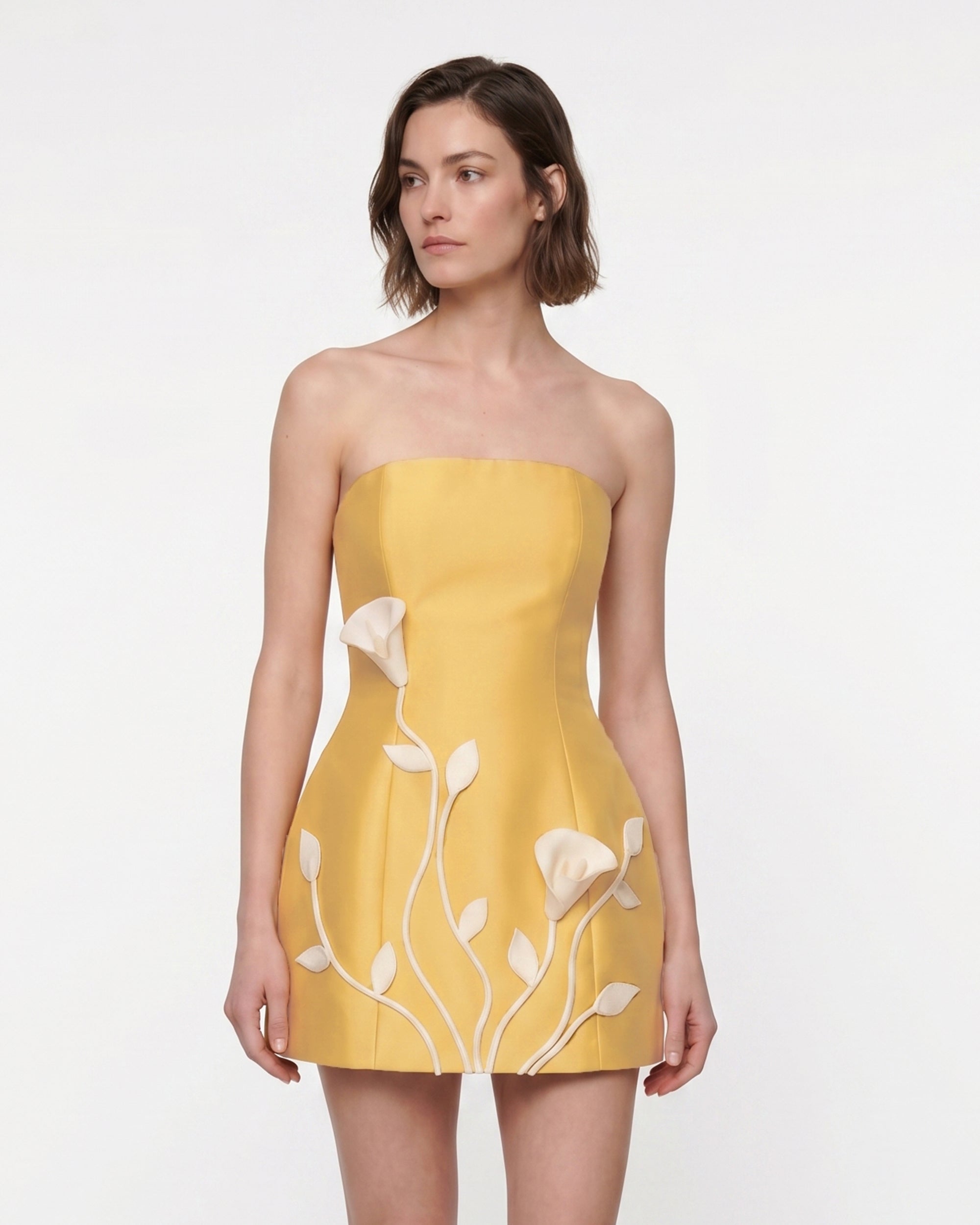 3D Vine Floral Strapless Mini Dress - Lemon Yellow