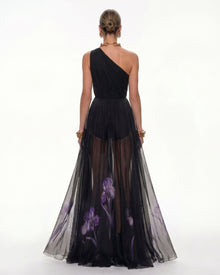Floral One Shoulder Maxi Dress - Black