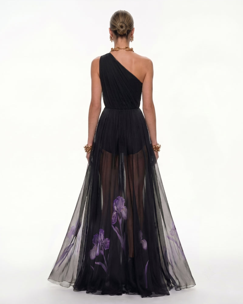 Floral One Shoulder Maxi Dress - Black