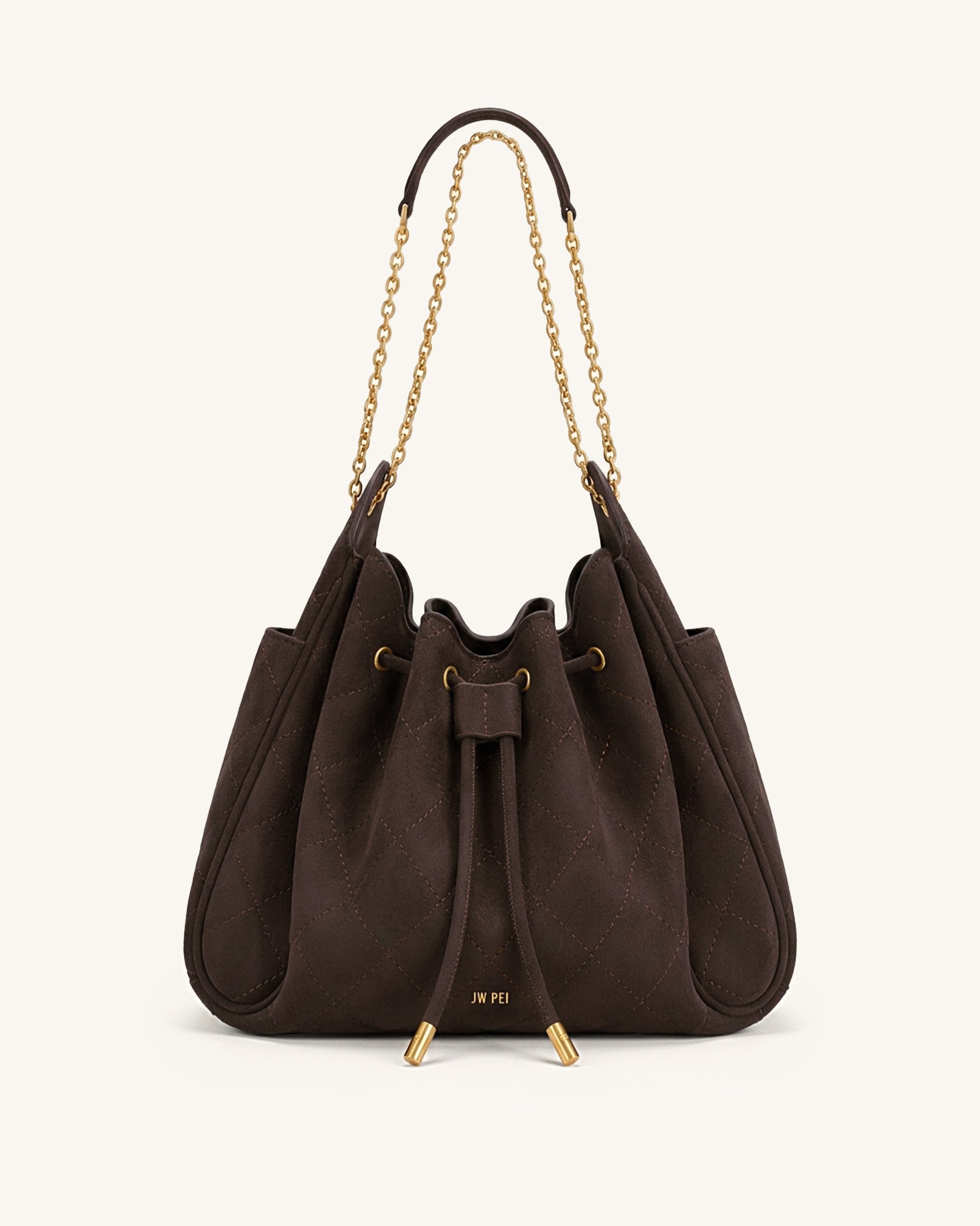 JW PEI Rowan Faux Suede Quilted Chain Bucket Bag - Dark Brown