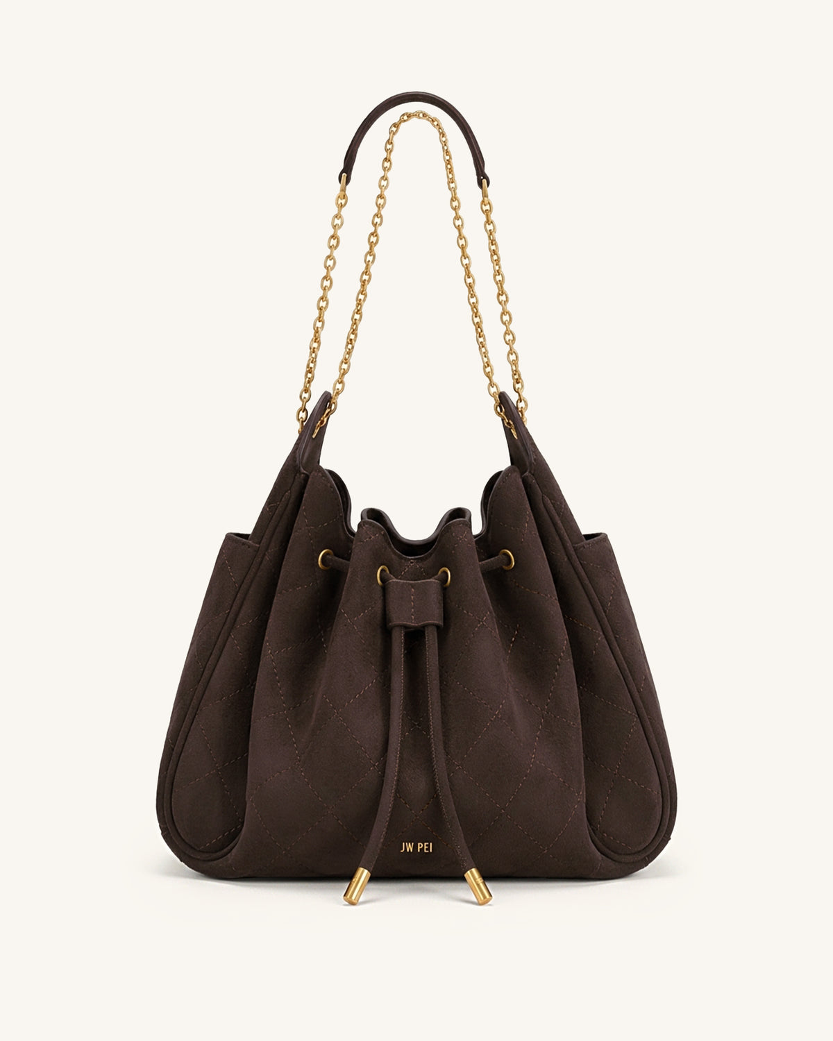 Rowan Faux Suede Quilted Chain Bucket Bag - Dark Brown