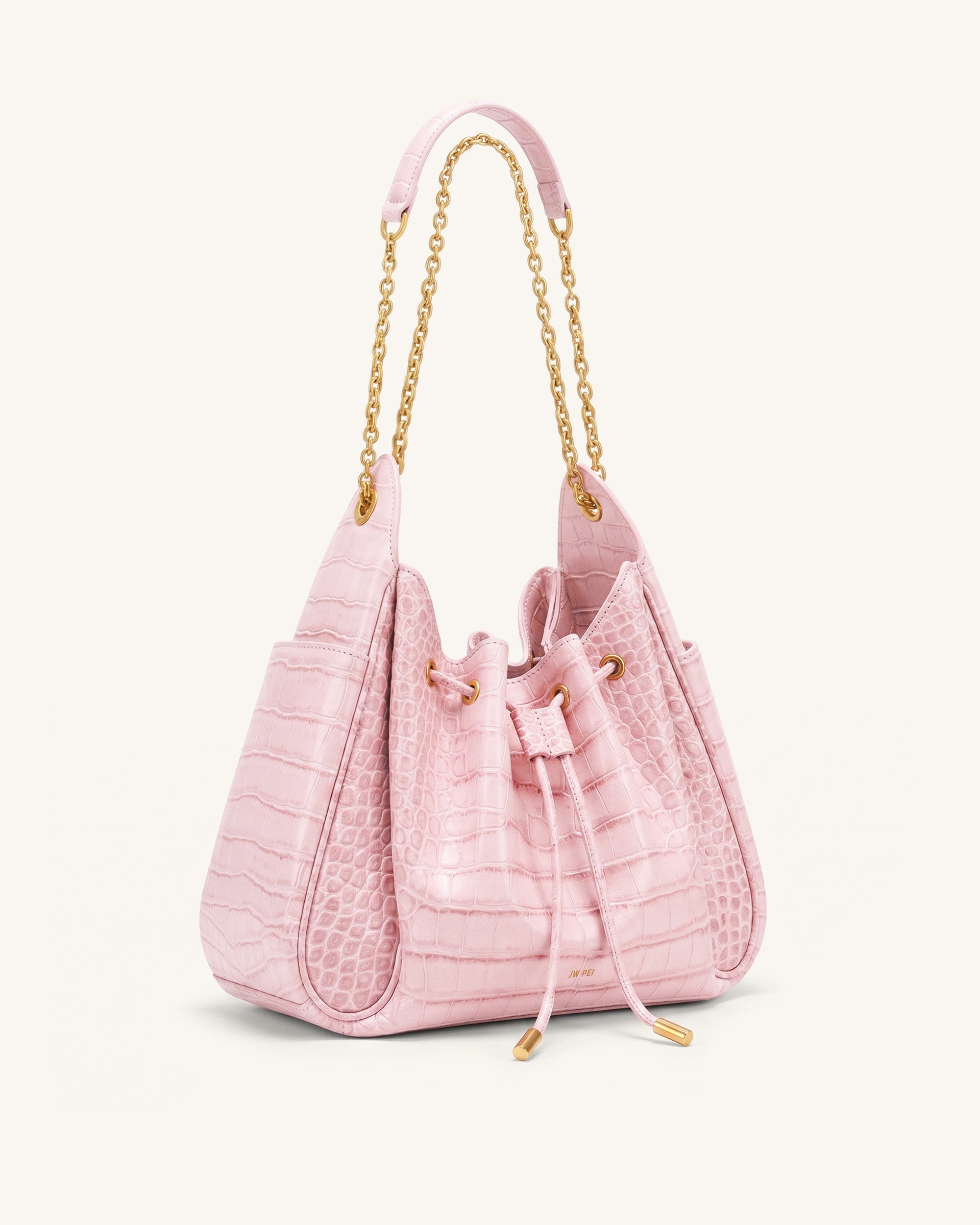 Rowan Ruched Drawstring Chain Bucket Bag - Pink Croc | JW PEI