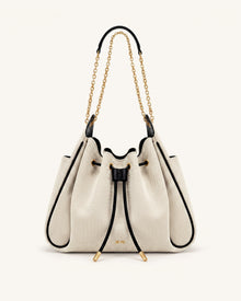 Rowan Ruched Drawstring Chain Bucket Bag - Black Canvas