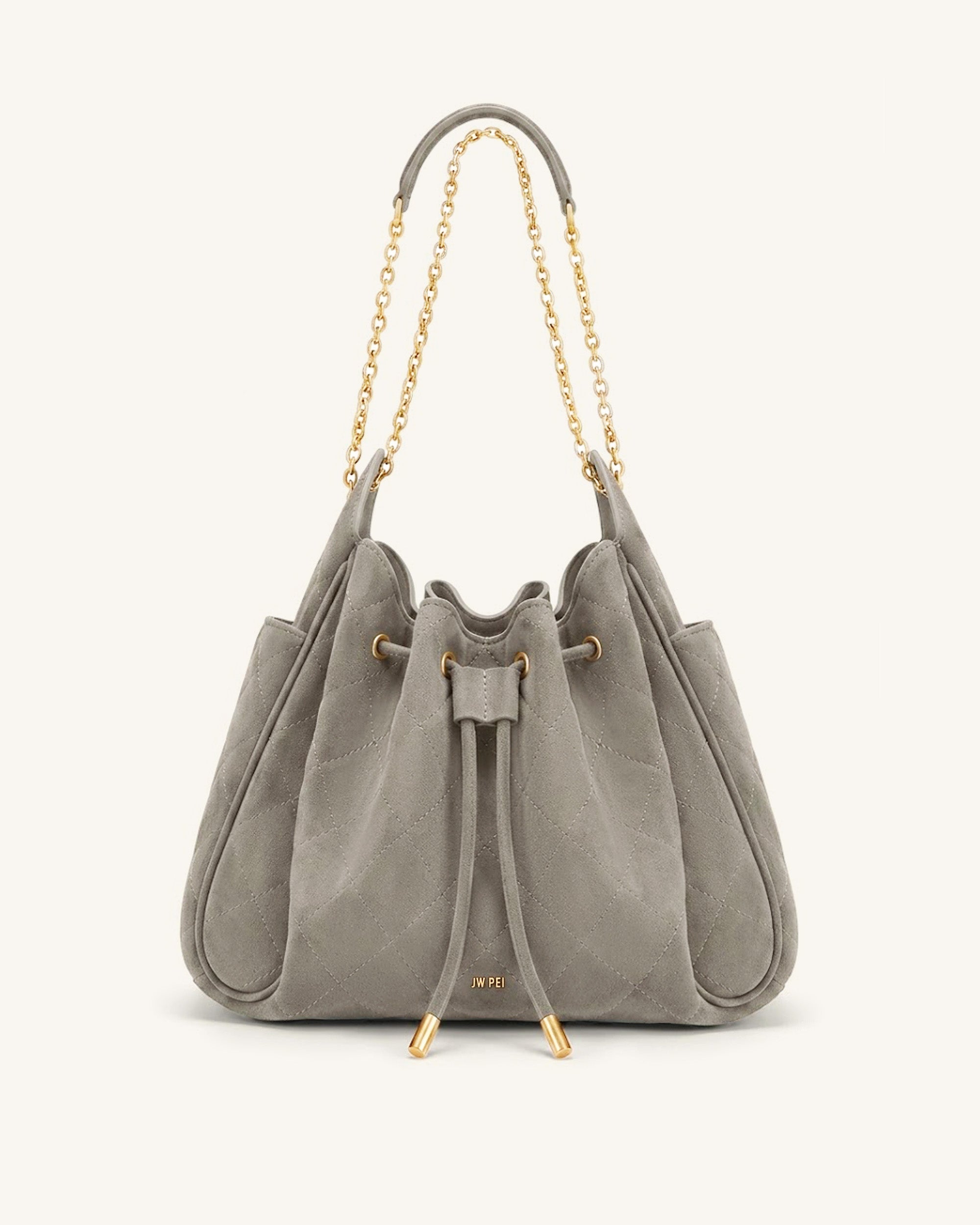 Rowan Faux Suede Quilted Chain Bucket Bag - Gray | JW PEI