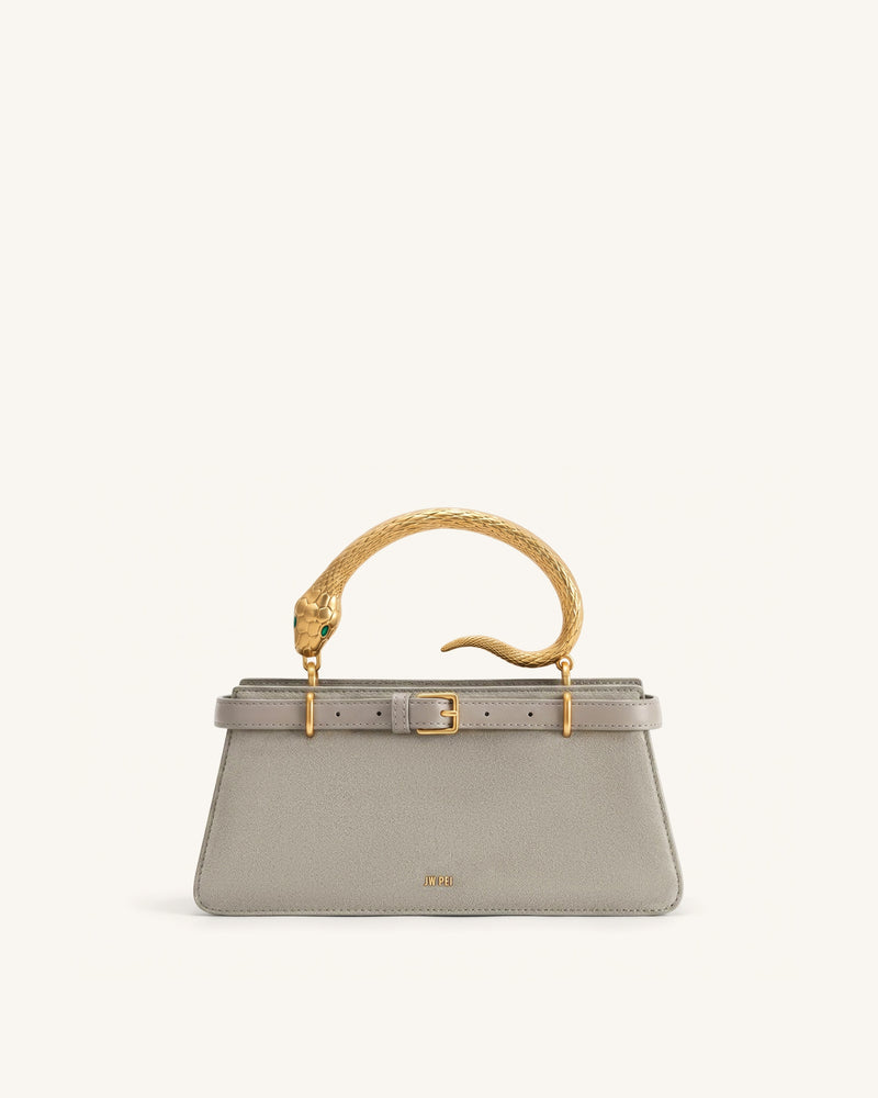 Elena Snake Handle Faux Suede Top Handle Bag - Taupe