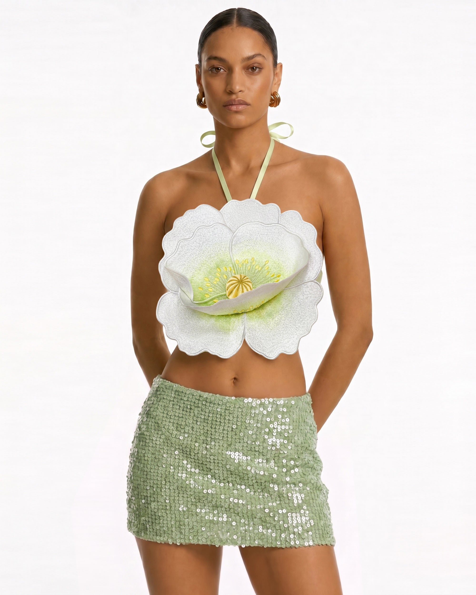 3D Floral Halter Crop Top - Ivory | JW PEI