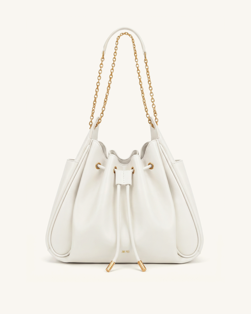 Rowan Ruched Drawstring Chain Bucket Bag - Ivory