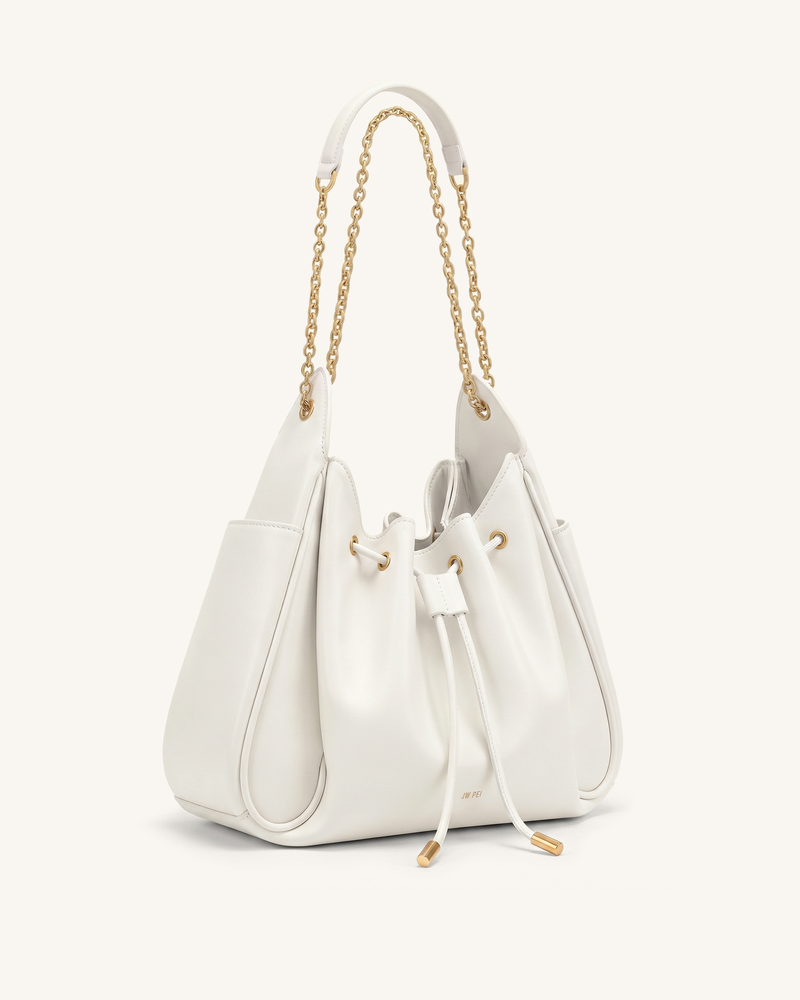 Rowan Ruched Drawstring Chain Bucket Bag - Ivory