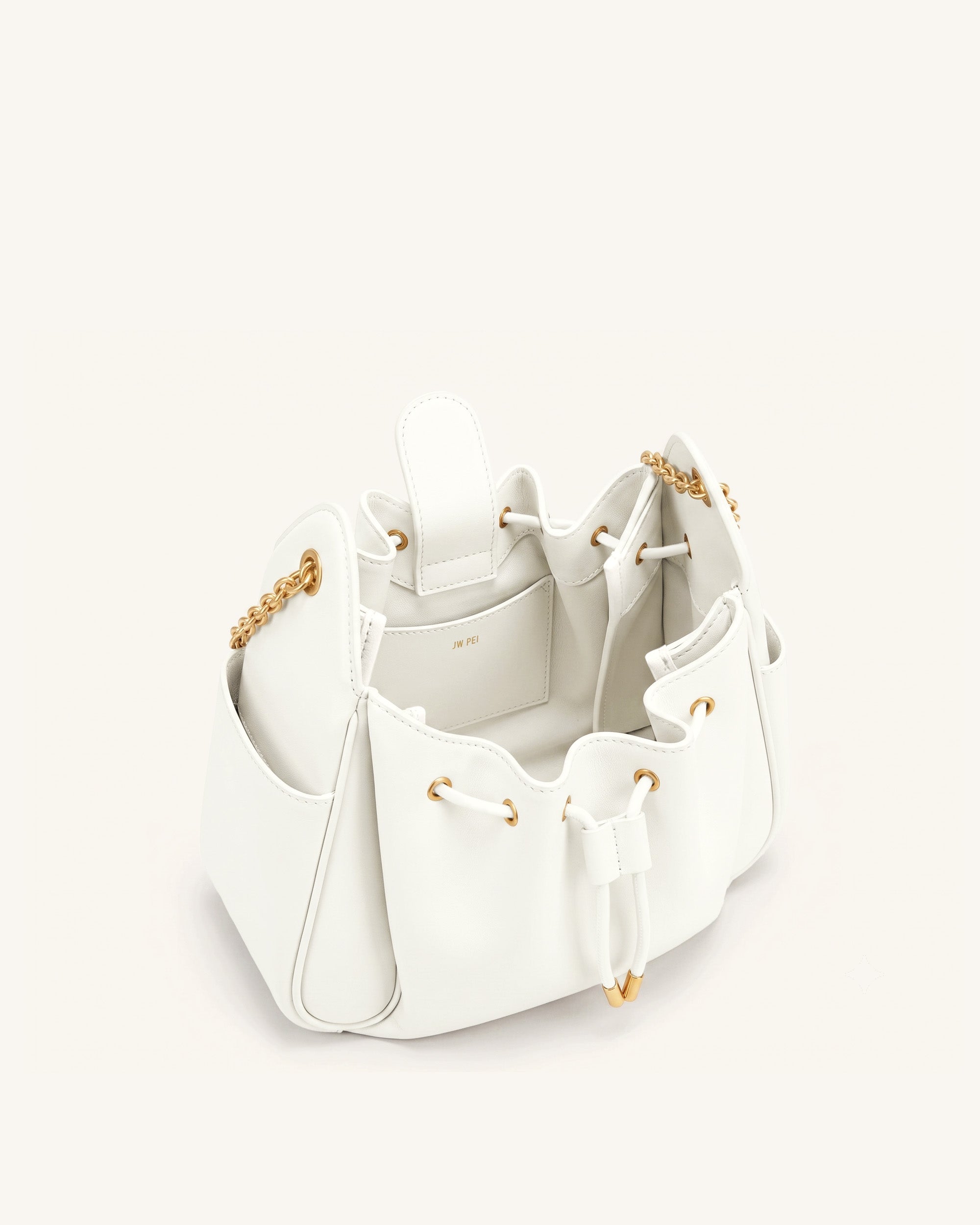 Rowan Ruched Drawstring Chain Bucket Bag - Ivory | JW PEI