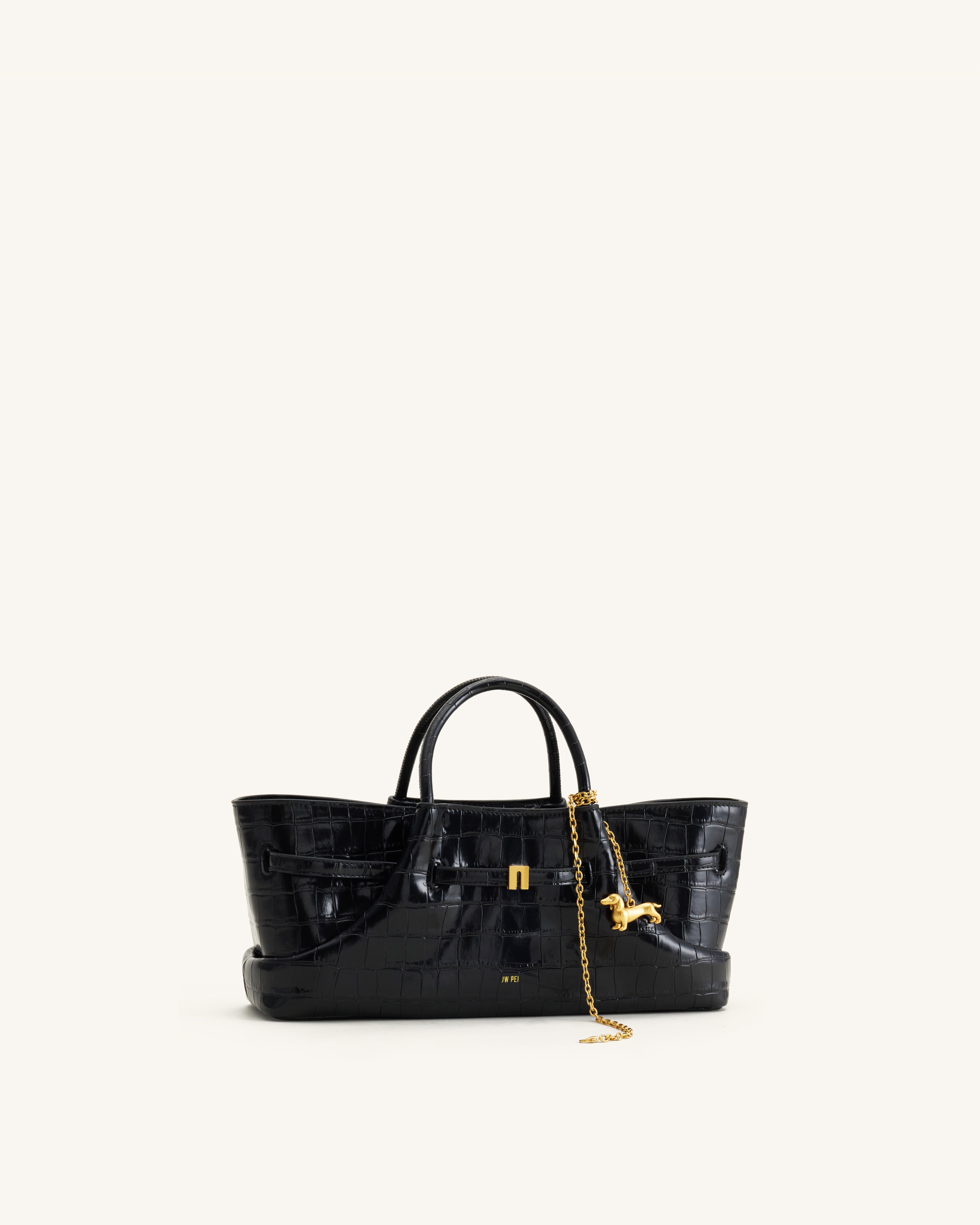 Maeve Dachshund Metal Charm Tote Bag - Black Croc | JW PEI