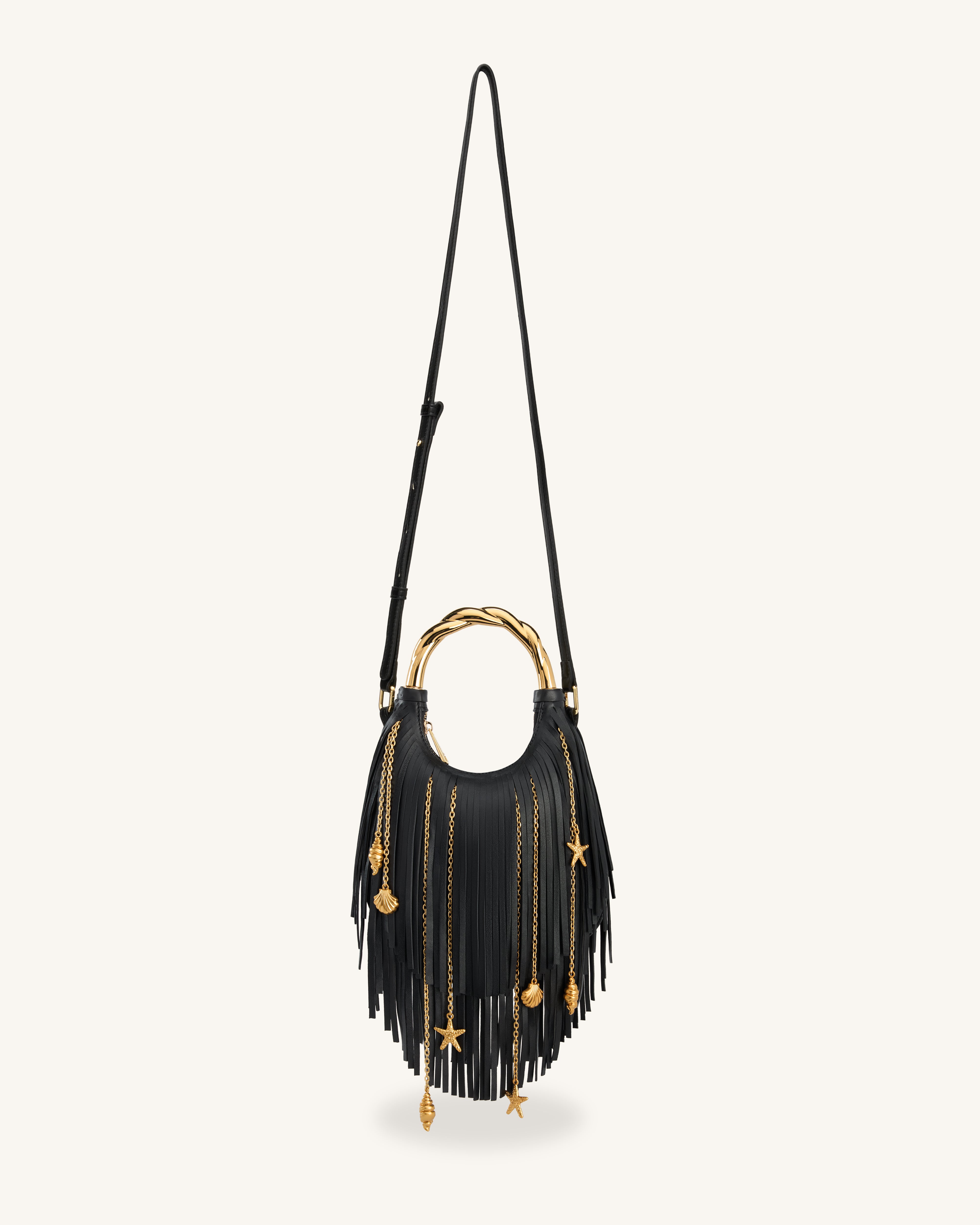 Chloe Metal Handle Fringe Top Handbag - Black | JW PEI