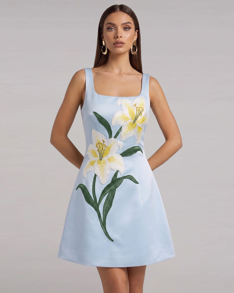 Lily Floral Print Sleeveless A-Line Mini Dress - Light Blue