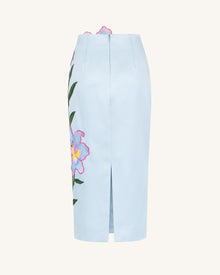 Lily Floral Embroidered High Waist Pencil Midi Skirt - Light Blue