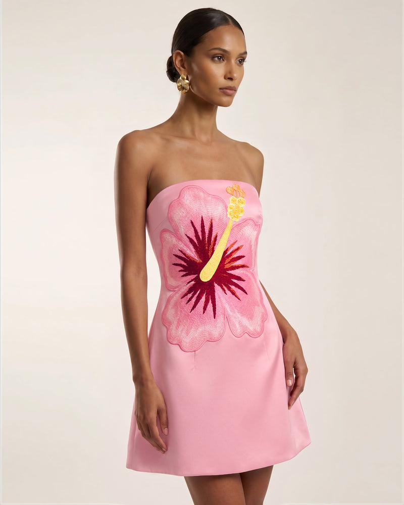 Hibiscus Embroidered Bandeau Mini Dress - Pink