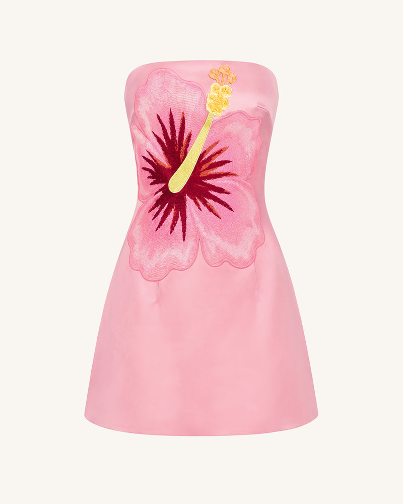 Hibiscus Embroidered Bandeau Mini Dress - Pink